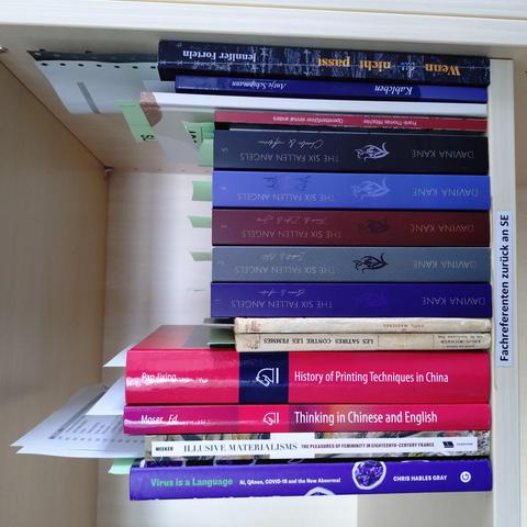 foto einiger bücher in einem regalfach; zu besseren lesbarkeit der titel auf den buchrücken wurde das foto um 90 grad nach links gedreht