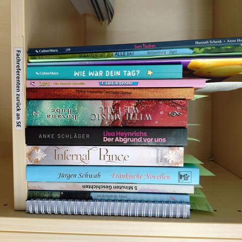 foto einiger bücher in einem regalfach; zu besseren lesbarkeit der titel auf den buchrücken wurde das foto um 90 grad nach links gedreht