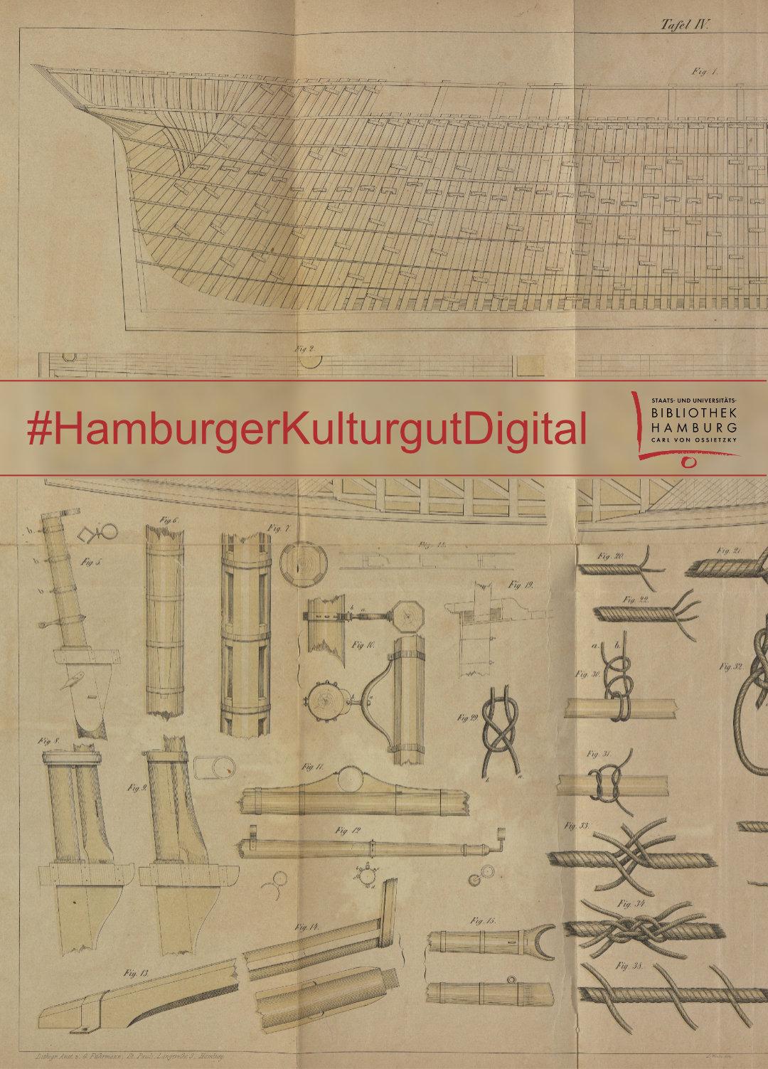 Schwarz-weiße Linienzeichnung eines historischen Schiffsbaus. Im oberen Bereich ist ein Querschnitt des Schiffs mit detaillierter Darstellung der Planken und Spanten zu sehen. Darunter befinden sich mehrere technische Zeichnungen von Einzelteilen wie Masten, Blöcken, Seilführungen und Verbindungselementen. Die Zeichnungen sind mit feinen Linien und Maßangaben versehen. Über die Mitte des Bildes verläuft ein halbtransparenter Balken mit dem Schriftzug '#HamburgerKulturgutDigital'. Rechts daneben befindet sich das Logo der Staats- und Universitätsbibliothek Hamburg.