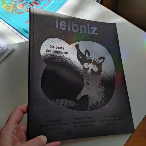 foto der vorderseite des heftes 1/2026 vom leibniz-magazin mit einer licht-reflexion im schwarz-auf-schwarz-lack für das titelmotiv: einen waschbär