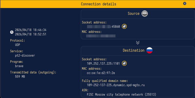 Screenshot der "Connection details" zu UDP-Verbindung über den pt2-discover--Service vom Brave-Browser

Source: "Mein PC" (geblurred)

Ziel: 
Socket Adress: 109.252.137.225:1101 
Fully Qualified domain name: 109-252-137-225.dynamic.spd-mgts.ru
ASN: PJSC Moscow city telephone network (25513)