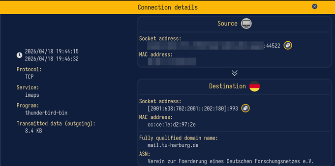 Screenshot von Sniffnet, der eine IMAPS-Verbindung zu einer IPv6 für mail.tu-harburg.de zeigt