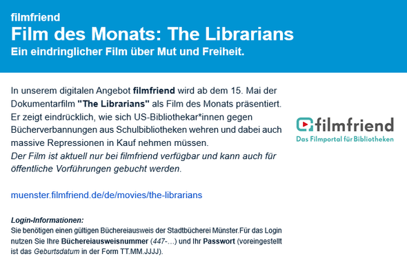 screenshot aus dem newsletter stadtbücherei münster mit einem hinweis auf den "film des monats" in filmfriend: "the librarians"