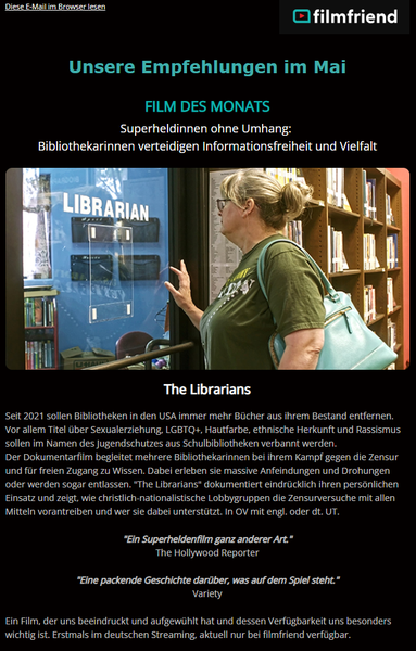 screenshot aus dem filmfriend.de-newsletter mit dem hinweis auf den"film des monats" im mai 2026 = "the librarians"