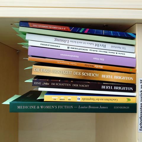 foto einiger bücher in einem regalfach; zu besseren lesbarkeit der titel auf den buchrücken wurde das foto um 90 grad nach links gedreht
