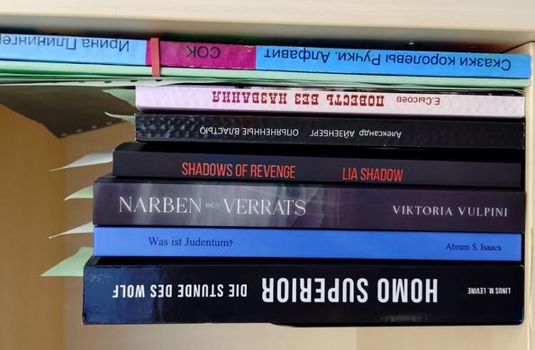 foto einiger bücher in einem regalfach; zu besseren lesbarkeit der titel auf den buchrücken wurde das foto um 90 grad nach links gedreht