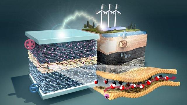 Schwer beschreibares Bild. Im Kern zeigt es Windräder und Fotovoltaikanlagen (und ggf. als Tropfem stilisierte Wasserkraft), deren gewonne Energie als Blitz auf eine Batterie mit sehr vielen Zellen trifft. Im Zoom sieht man so eine Zelle mit "einlagigen" Wassermolekülen in einem sehr dünnen Lage (es sieht wie ein Sandwich mit Molekülen als Belag aus). Anode und Katode sind durch plus und minus angedeutet.

(Von Makro-Windrad bis Nano-Molekül sind die Dimensionen künstlerisch sehr frei skaliert)