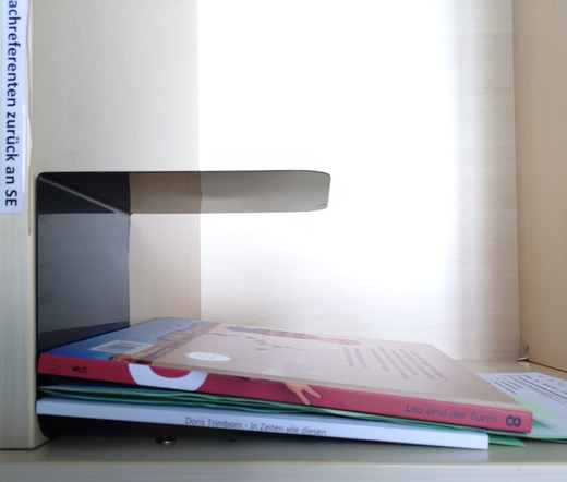 foto einiger bücher in einem regalfach; zu besseren lesbarkeit der titel auf den buchrücken wurde das foto um 90 grad nach rechts gedreht