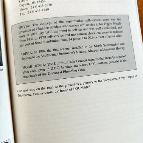 photo of page 85 from the cited book with three trivia on the universal product code, the cited one beeing the third