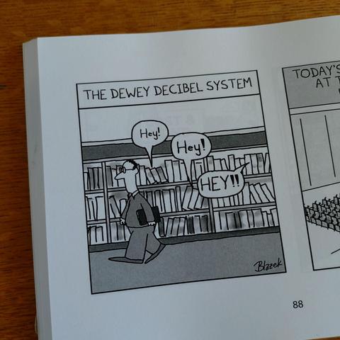 photo of a cartoon by dave blazek from the collection "magnificent stupidity" in which a man passes a book shelf and three books on the shelf shout "hey!" after him