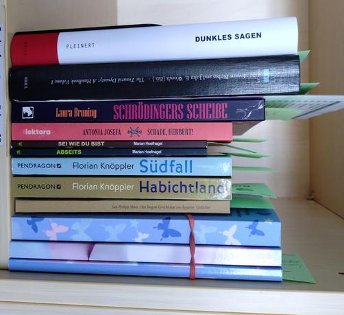 foto einiger bücher in einem regalfach; zu besseren lesbarkeit der titel auf den buchrücken wurde das foto um 90 grad nach rechts gedreht