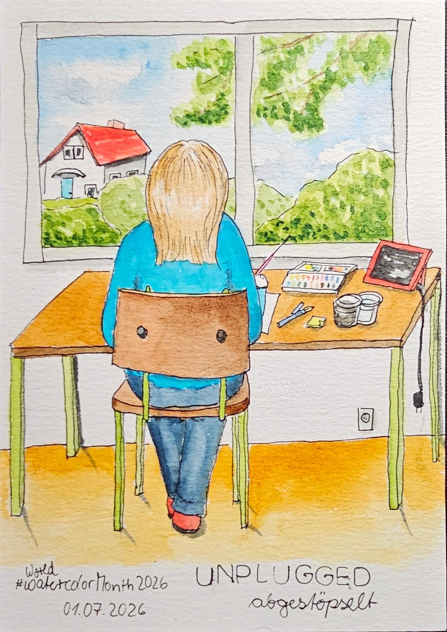 A girl is sitting at a desk with paper, watercolors, a pencil, and water in front of her; she is holding a paintbrush. The tablet next to her is unplugged.

Mädchen sitzt an einem Schreibtisch, vor sich Papier, Aquarellfarbe, Stift und Wasser, in der Hand ein Pinsel. Das Tablet neben ihren ist vom Strom ausgestöpselt.