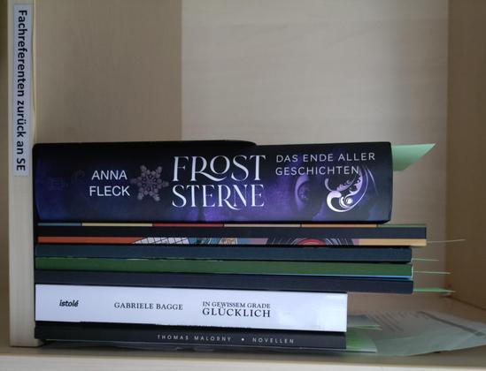 foto einiger bücher in einem regalfach; zu besseren lesbarkeit der titel auf den buchrücken wurde das foto um 90 grad nach rechts gedreht