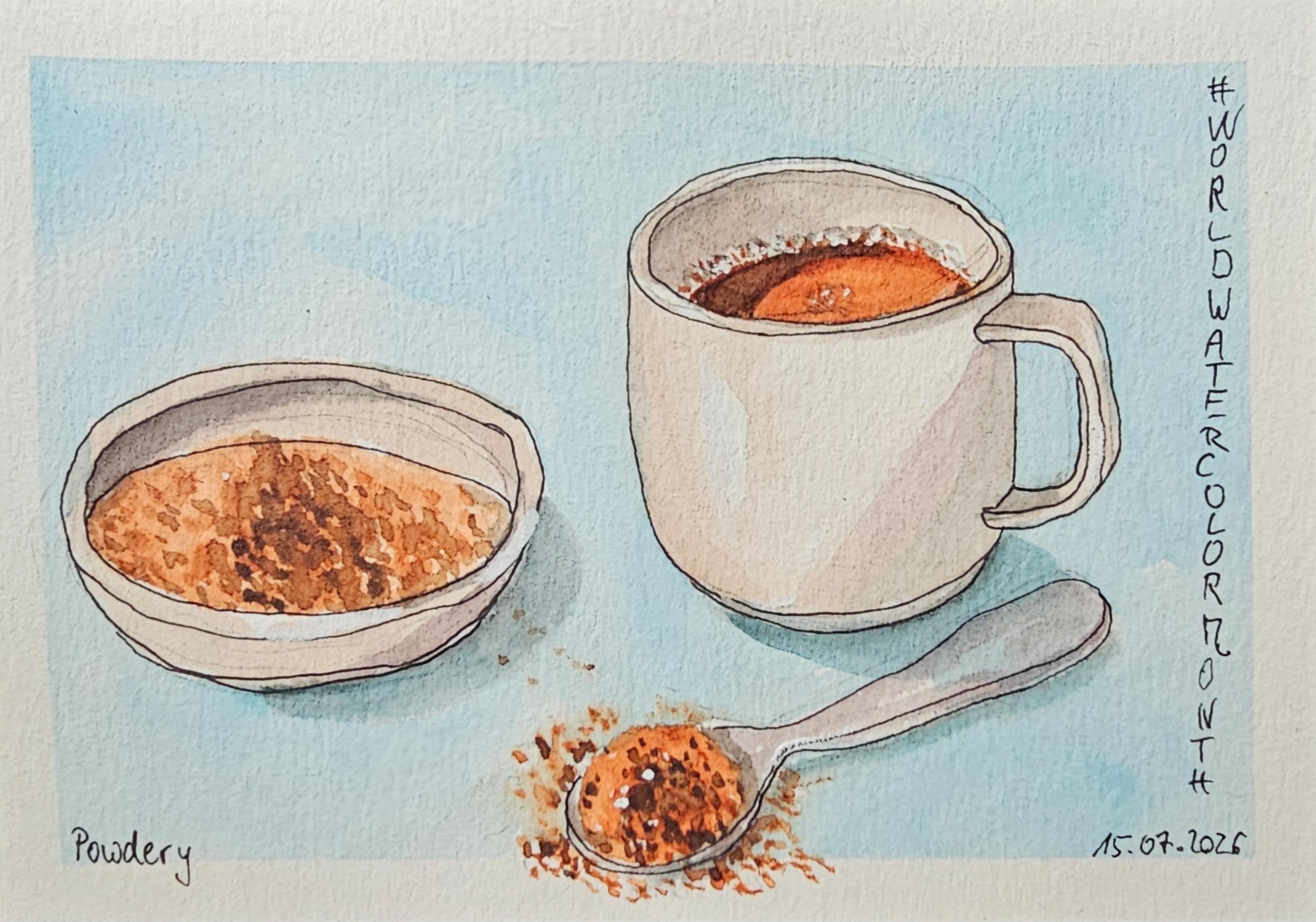 Watercolor sketch: A shallow bowl filled with powdery cocoa, with a heaping teaspoon of cocoa in front of it and a cup of hot cocoa behind it. 

Aquarellskizze: Eine flache Schale mit pudrigem Kakaopulver, davor ein gehäufte Teelöffel mit Kakapulver und dahinter eine Tasse gekochter Kakao.