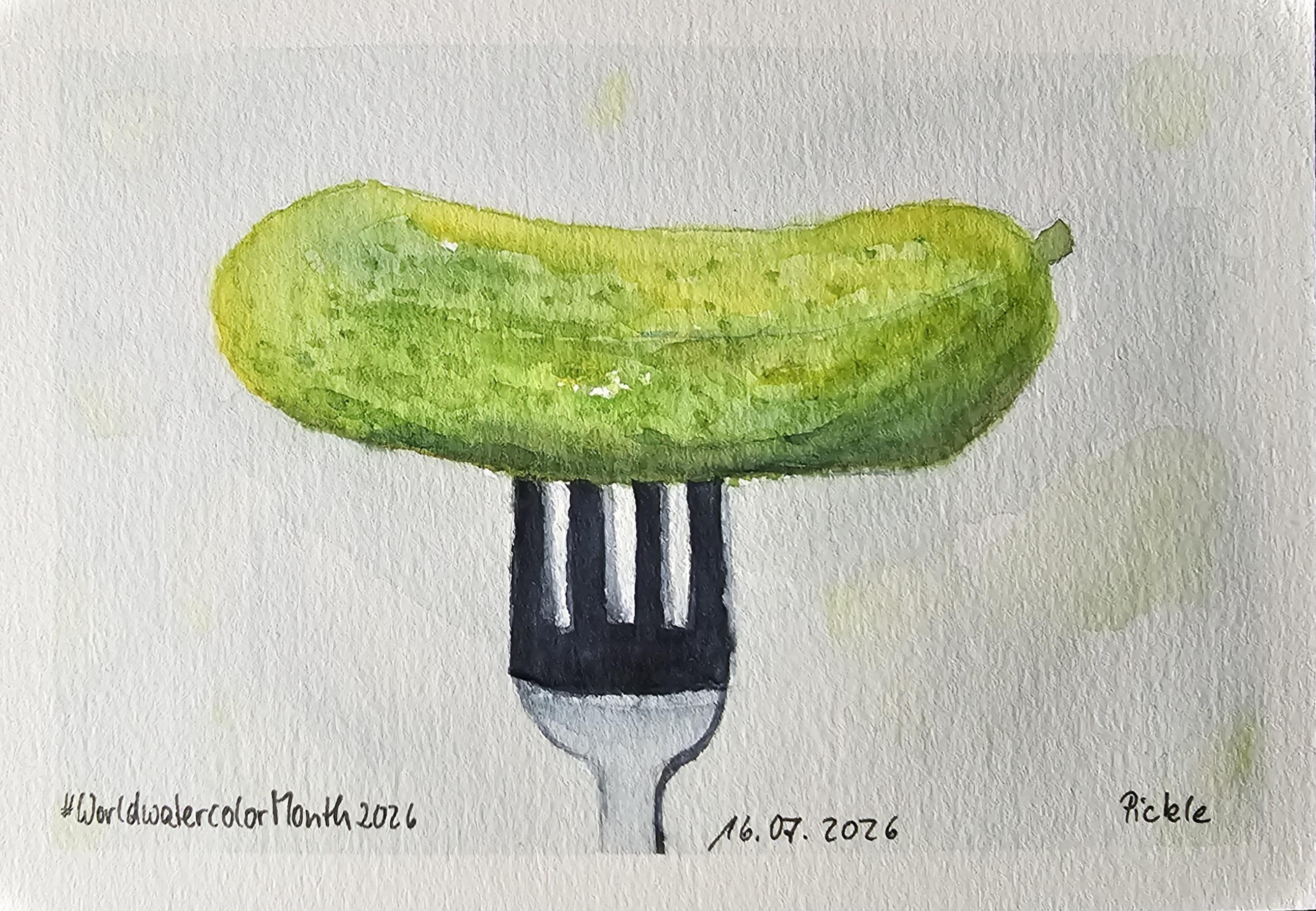 Watercolor sketch: pickled cucumber placed on a fork

Aquarellskizze: eingelegte Gurke aufgespielt auf eine Gabel