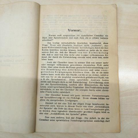 foto vom vorwort des buches "Der Sinn und die Architektonik der Sprache" von Johannes Geissler 1933, seite 1