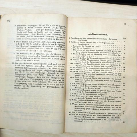 foto von "kurze übersicht" des buches "Der Sinn und die Architektonik der Sprache" von Johannes Geissler 1933, seite 2, und vom inhaltsverzeichnis