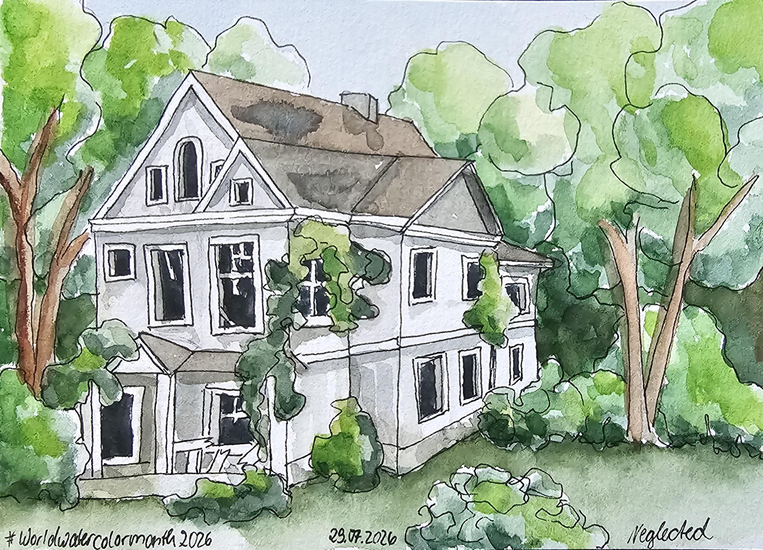 Watercolor sketch: A typical American wooden house with two floors and several ridges, standing somewhere in the middle of neglected nature, with open and broken windows and overgrown with greenery.

Aquarellskizze: Ein typisch amerikanisches Holzhaus mit zwei Stockwerken und mehreren Dachfirsten, das irgendwo inmitten verwilderter Natur steht, mit offenen und zerbrochenen Fenstern und von Grün überwuchert.