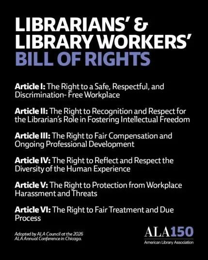 a graphic with the title "librarians' and library workers' bill of rights" and the titel of the 6 articles, the remark "adopted by ALA Council at the 2026 ALA Anuual Conference in Chicago" and the ALA150 logo