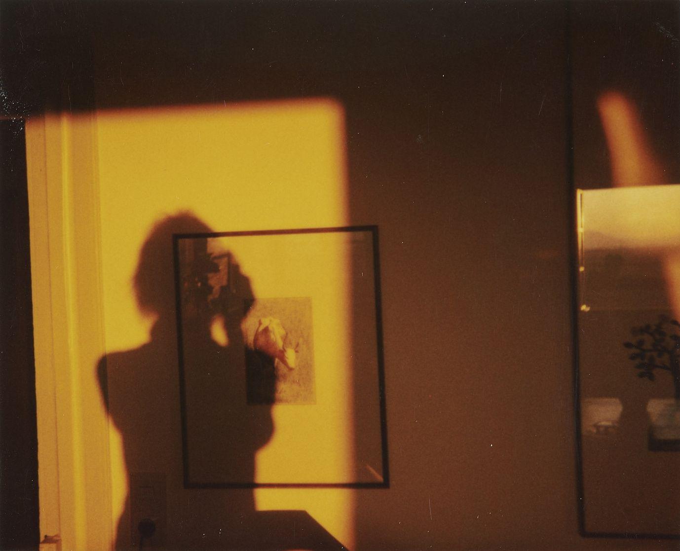 Farbfotografie des Silhouettenschattens von Barbara Siebeck bei warmem Sonnenlicht an einer Zimmerwand, auf die der Schatten über ein gerahmtes Bild fällt.