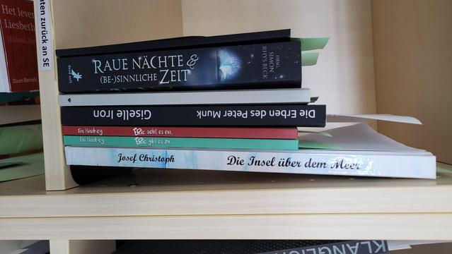 foto einiger bücher in einem regalfach; zu besseren lesbarkeit der titel auf den buchrücken wurde das foto um 90 grad nach rechts gedreht